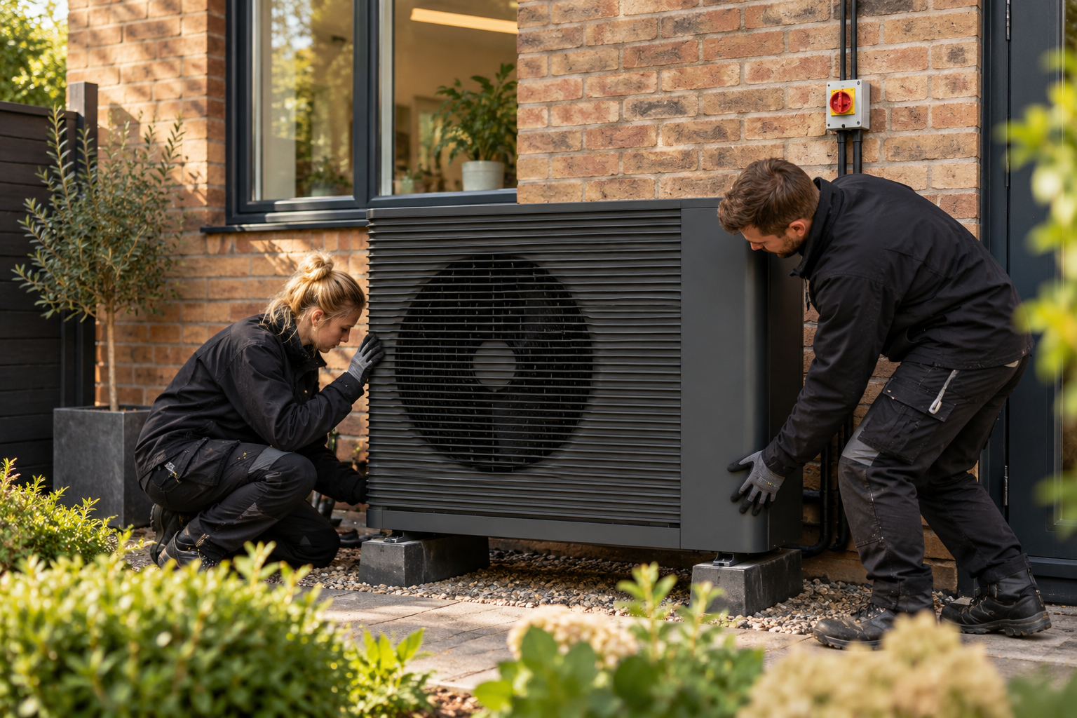 An engineer installing an air source heat pump on the wall of a UK home