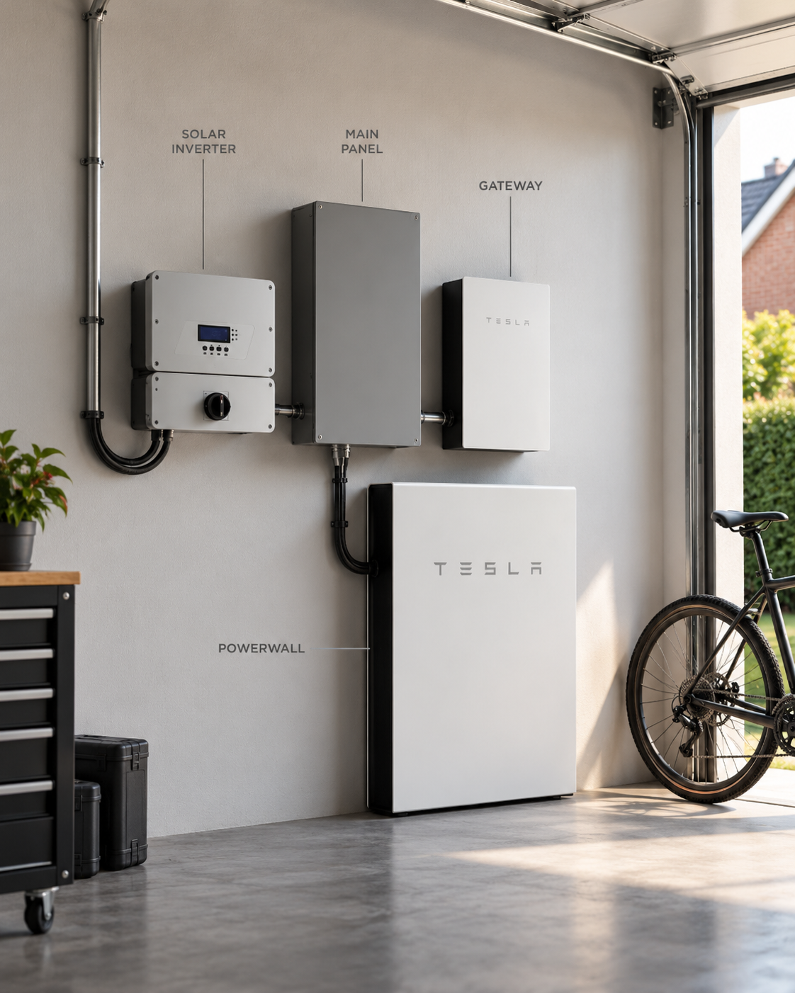 A modern home battery storage unit and inverter installed in a UK utility room