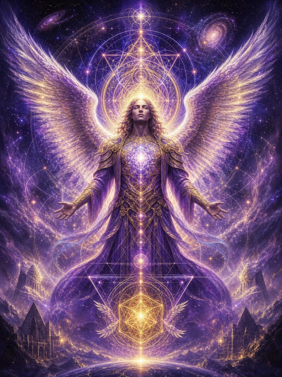 Archangel Metatron surrounded by sacred geometry in violet and gold