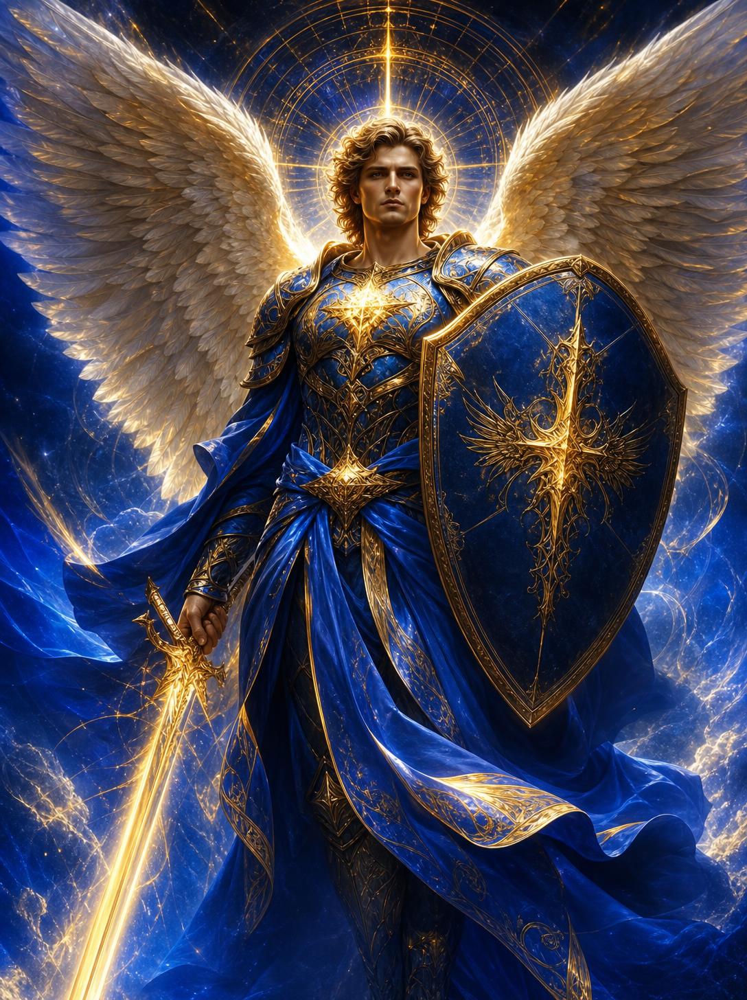 Archangel Michael in deep blue and gold light