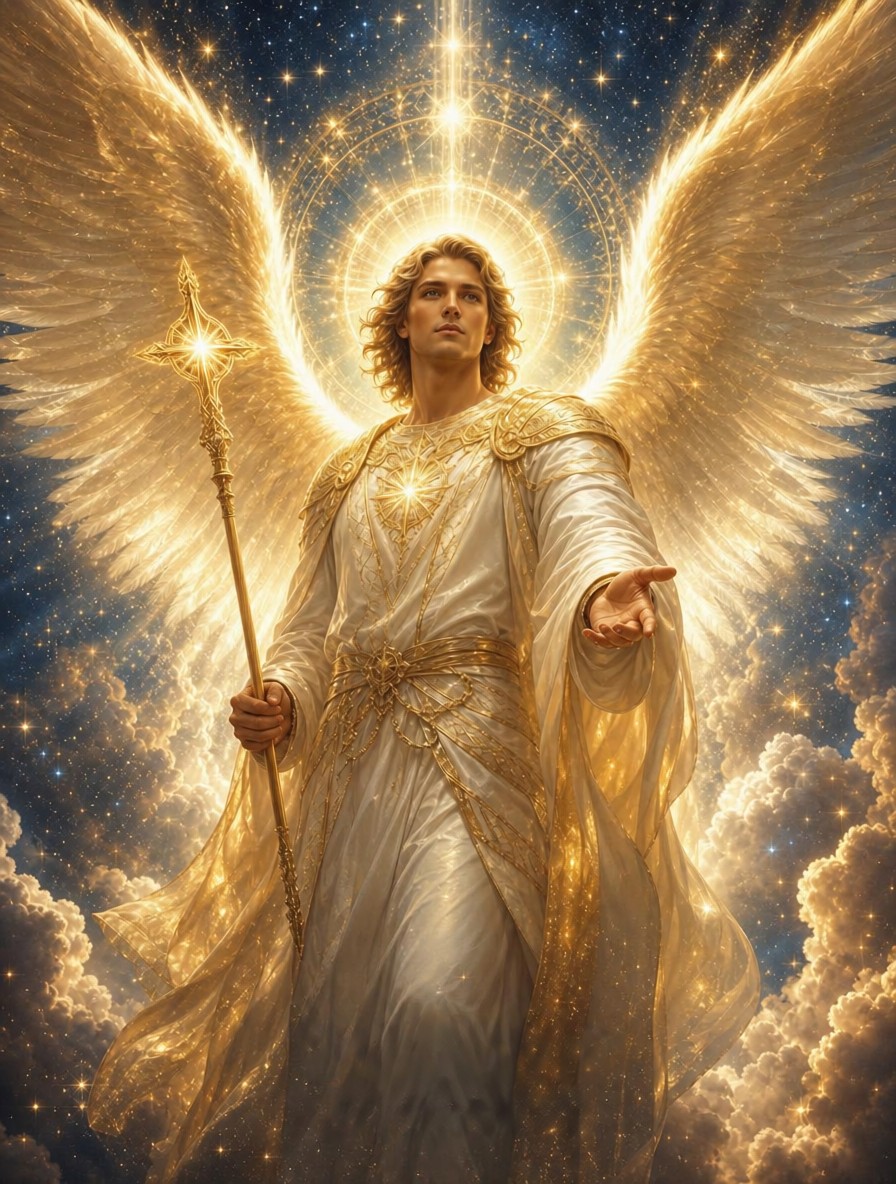 Archangel Gabriel glowing with warm yellow-gold light