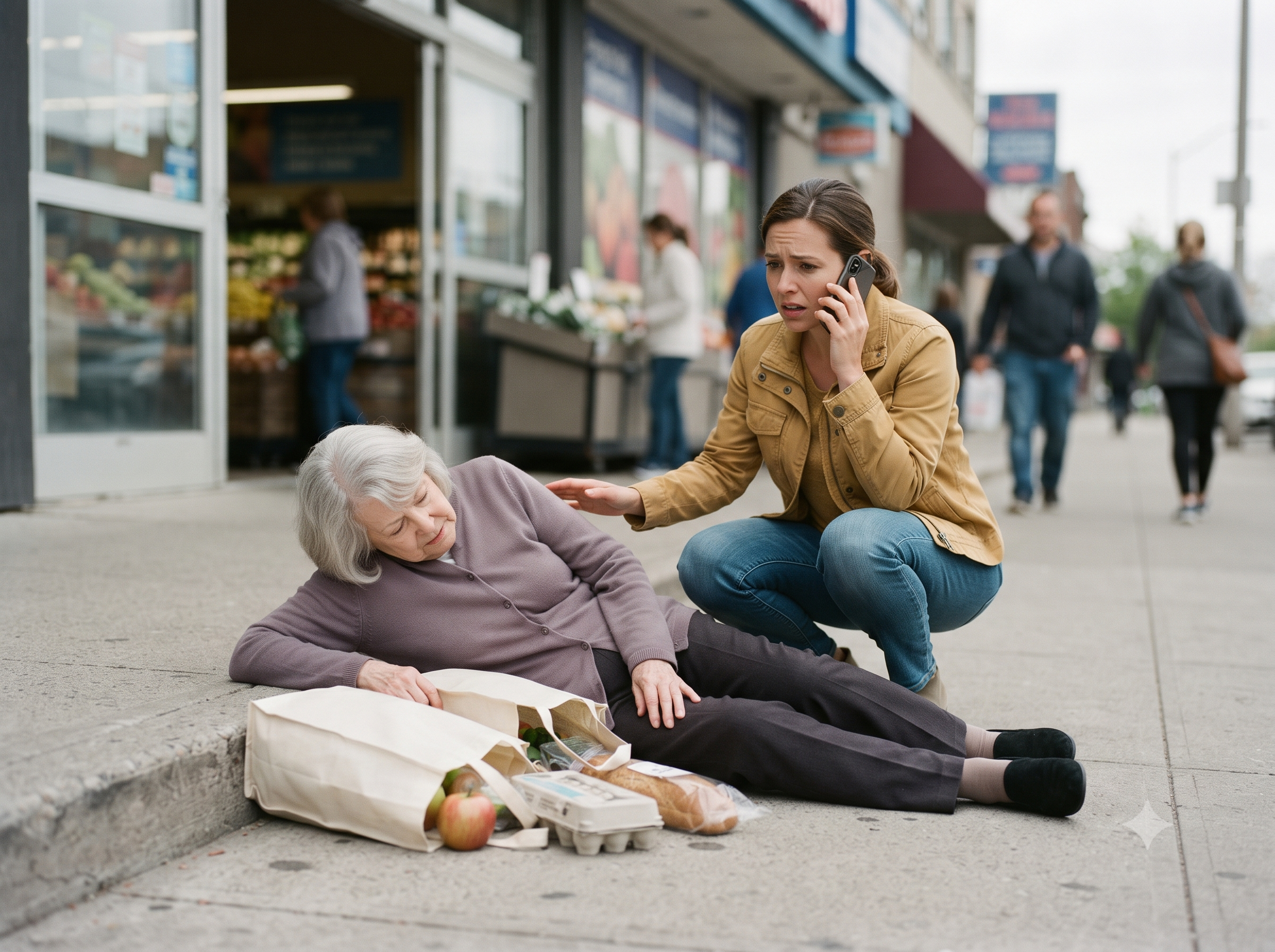 Elderly person on ground outside grocery store