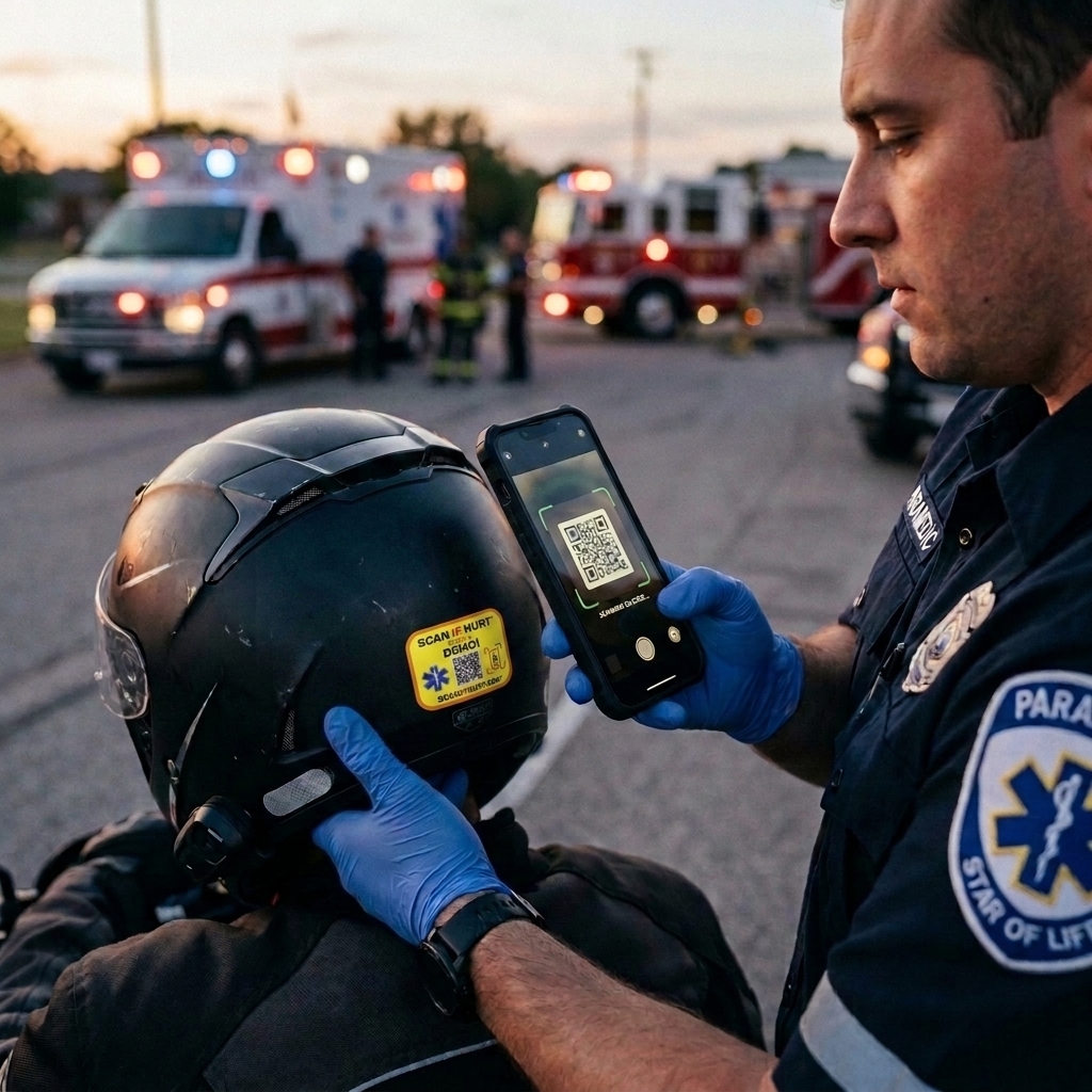 EMS responder scanning QR safety sticker on helmet in the field