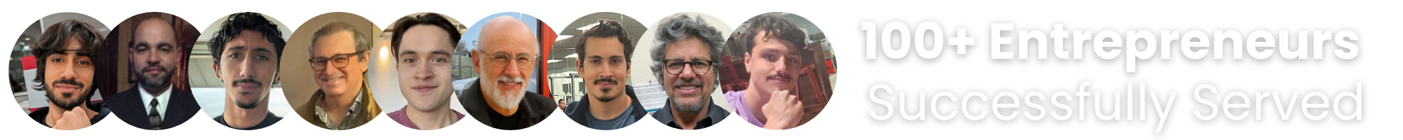 Picture of 9 different entrepreneurs helped by compass coaching and the 24/7 CAB System, text right beside it that says 100+ entrepreneurs successfully served 