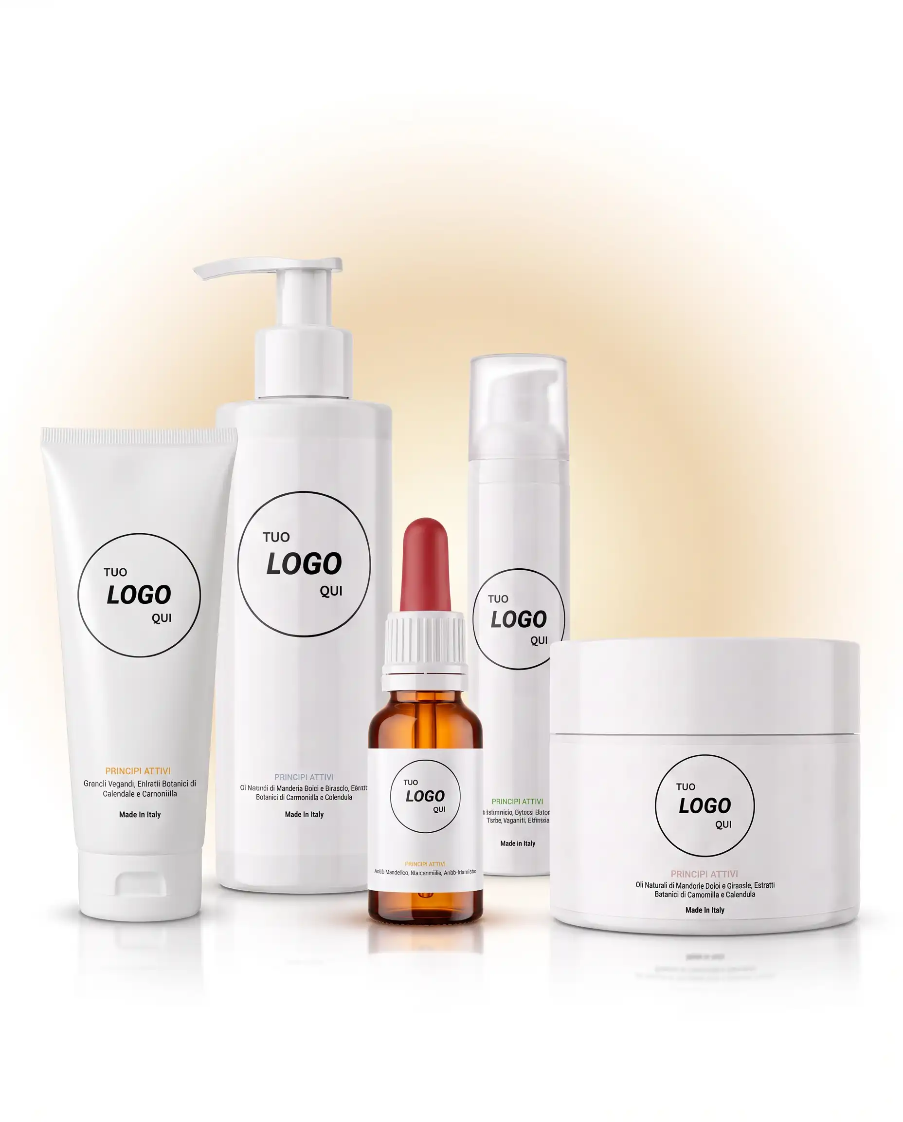 Linea cosmetica private label con etichetta personalizzata: tubo, flacone dispenser, siero contagocce, airless e vaso