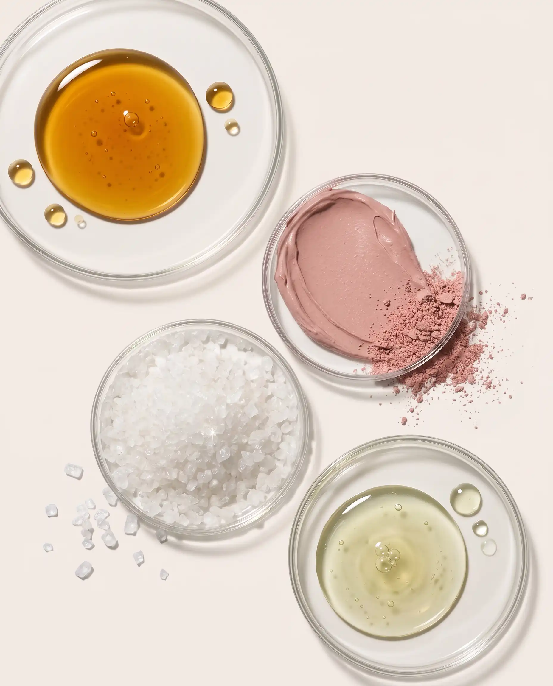 Texture delle formule cosmetiche: olio ambrato, argilla rosa, sali cristallini e olio vegetale in piattini di vetro