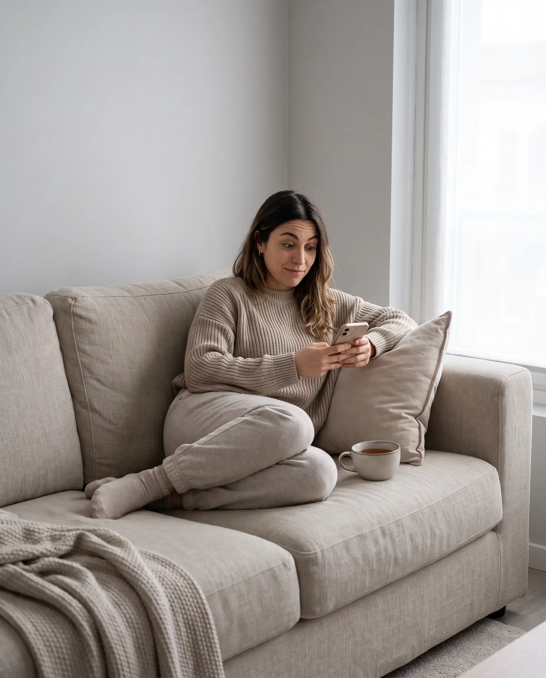 Ragazza che si informa dal telefono sul divano di casa