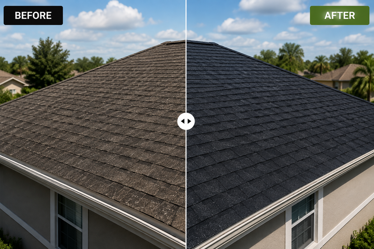 Before and after example of asphalt roof rejuvenation