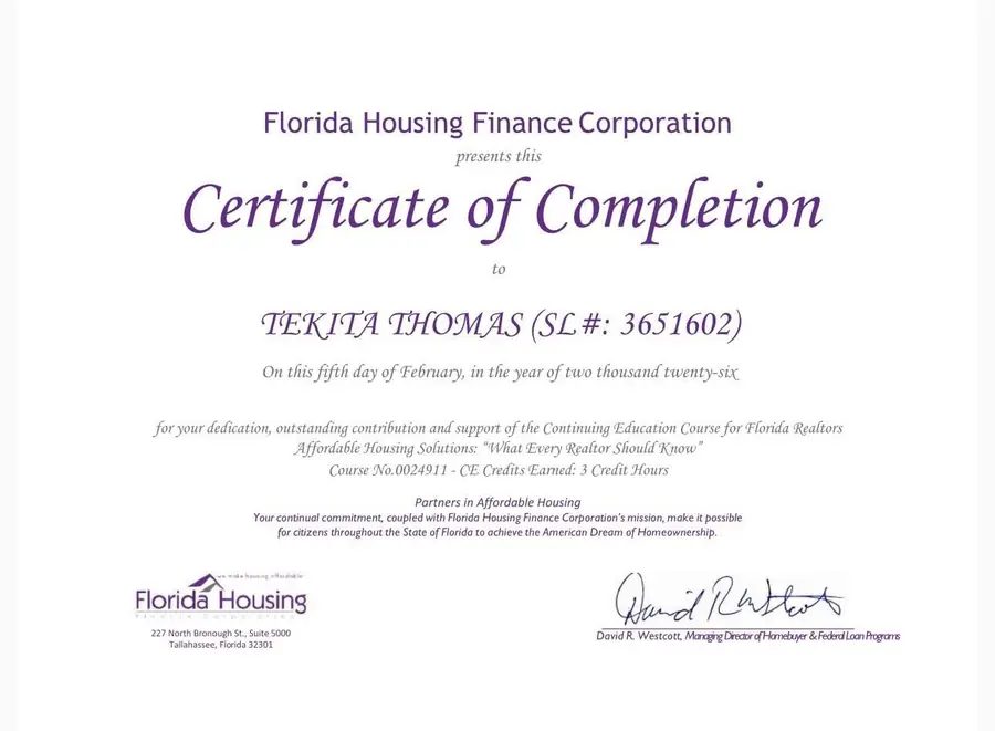 Florida Housing Finance Corporation certificate of completion for Tekita Thomas