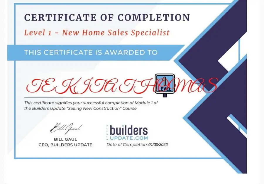 New Home Sales Specialist certificate for Tekita Thomas