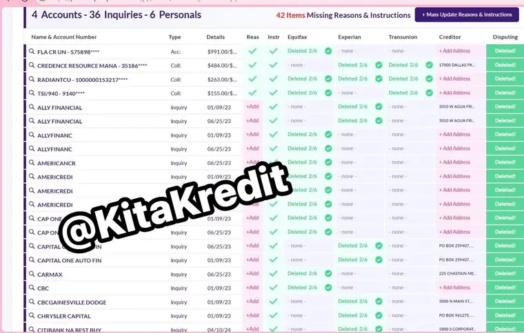 Dispute tracker showing collections and inquiries marked deleted across all three bureaus