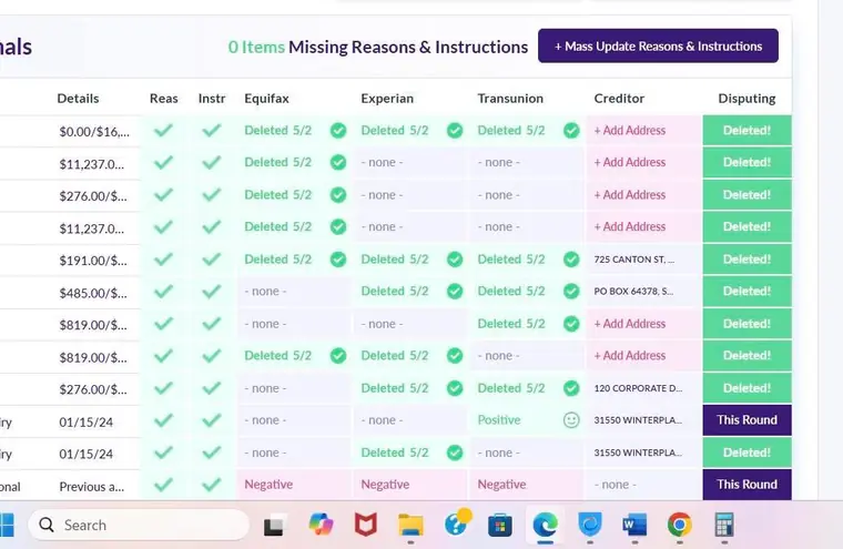 Dispute tracker showing accounts marked deleted