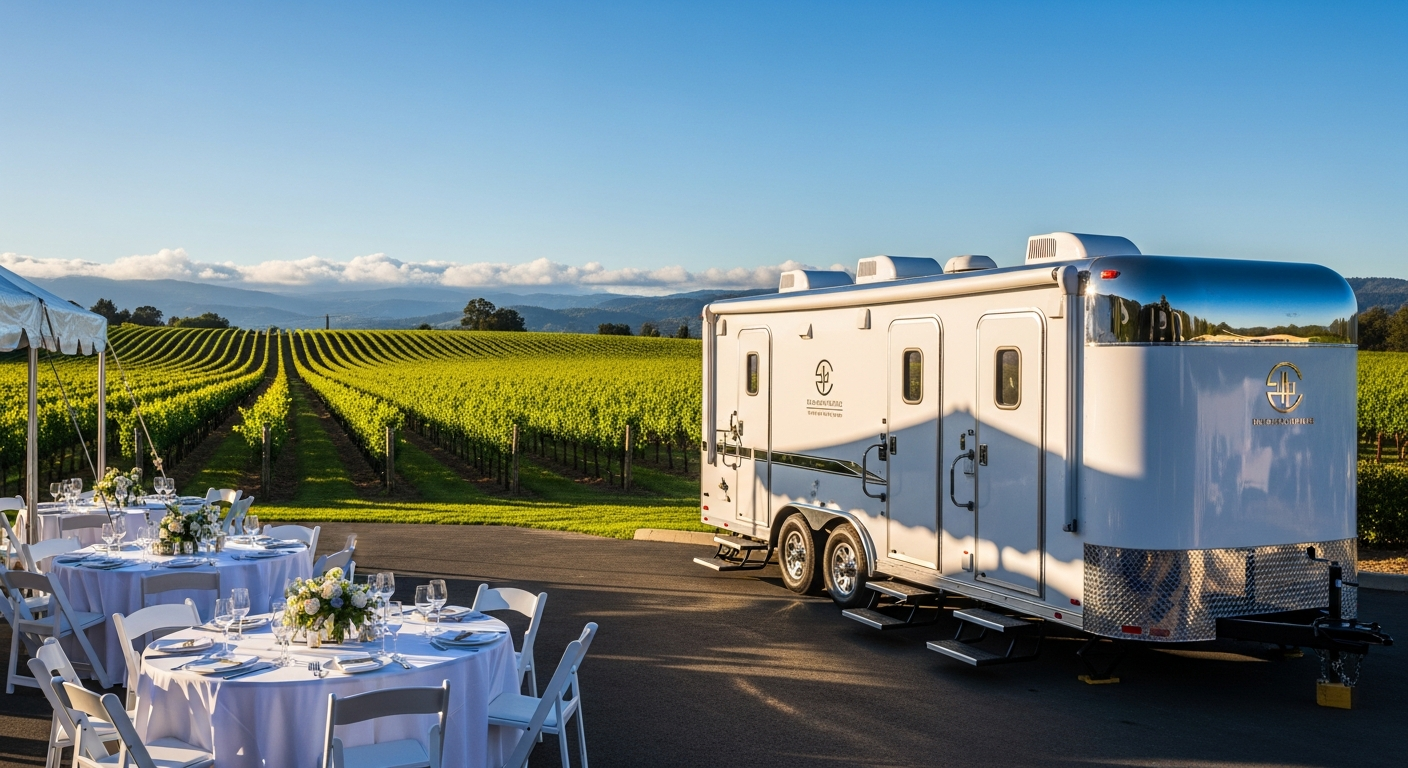 Luxury restroom trailer beside a vineyard Luxury restroom trailer beside a vineyard
