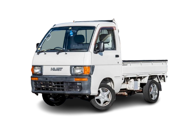 A white mini truck with a cab and open cargo bed, isolated on a transparent background.