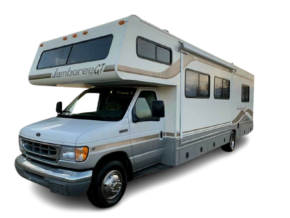 A white RV showcasing its exterior design for RV registration purposes.