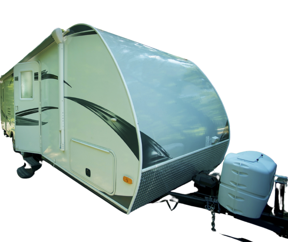 A rear view of a utility trailer with a wooden deck and black metal mesh sides.