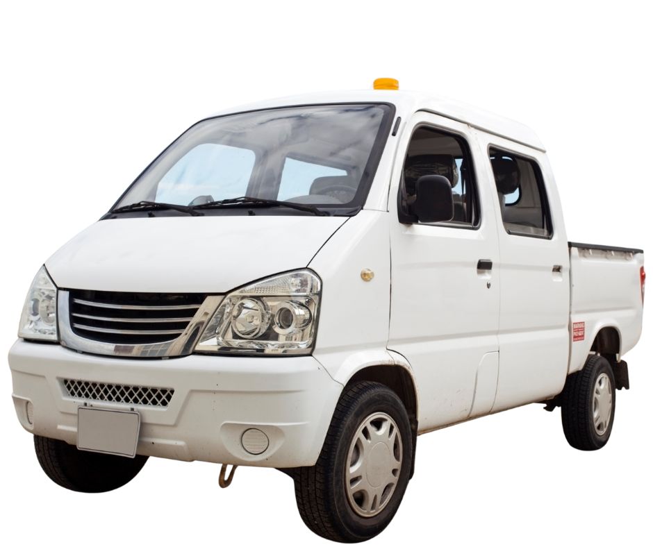 A white mini truck with a small cargo bed, featuring a compact design and simple wheels.
