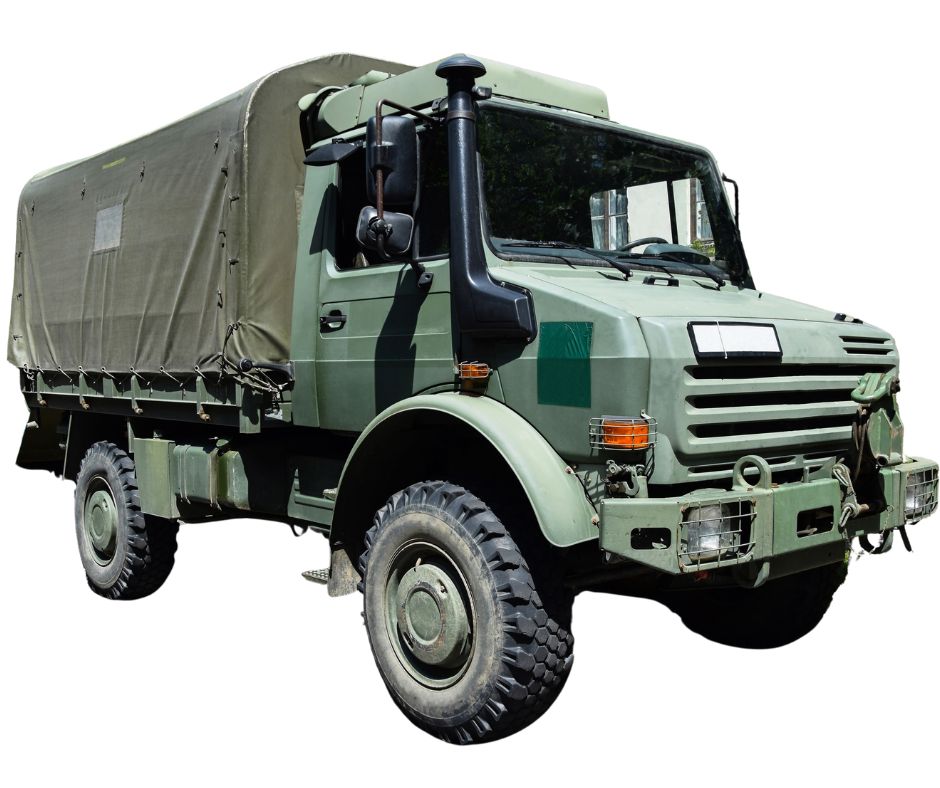 A green military heavy truck with a covered cargo area and rugged off-road tires, designed for heavy truck registration in tactical or transport operations.