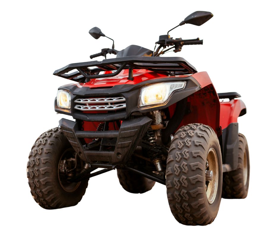 A red all-terrain vehicle (ATV) with four large, rugged tires, features headlights, handlebars, and a sturdy front bumper, ready for ATV registration.