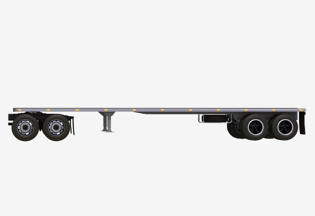 A side view of a flatbed trailer with dual wheels on both the front and rear axles.