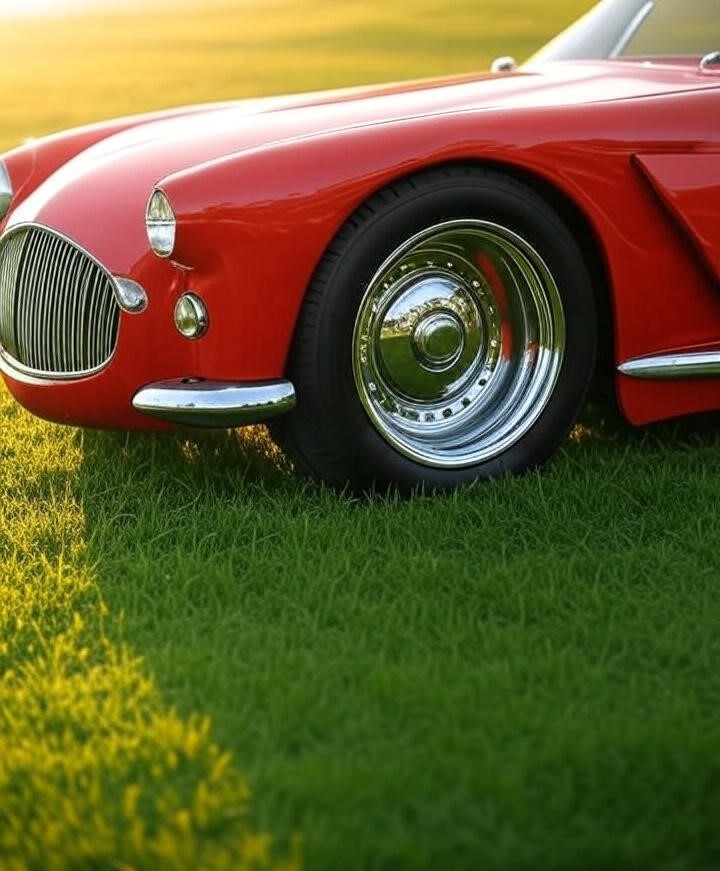 A full view of a red kit car with a sleek, shiny body, featuring chrome wheels and accents, parked on a green grass field with a blurred background of trees and sky.
