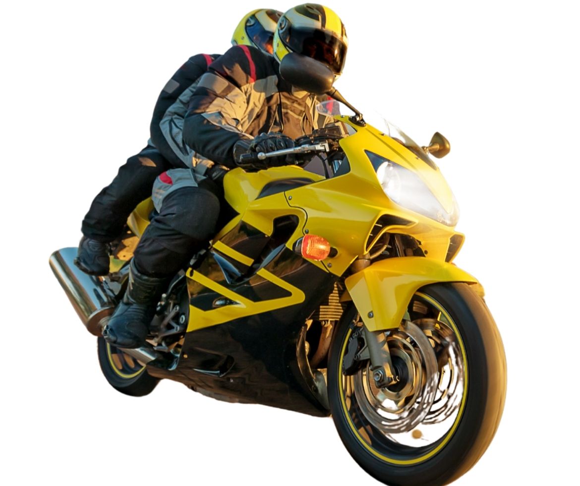 A Motorcycle rider is riding his yellow motorcycle along with his pillion after completing motorcycle registration service