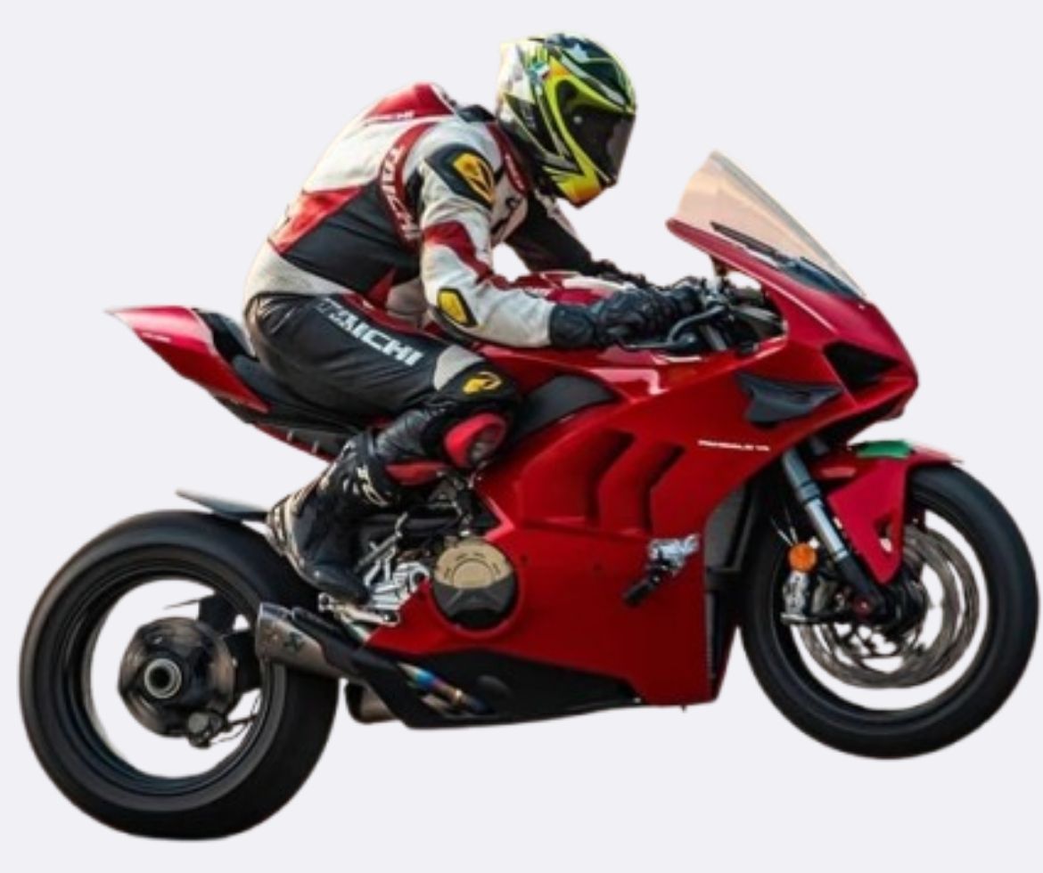 A red motorcycle with a rider wearing a black and white suit and a green helmet 