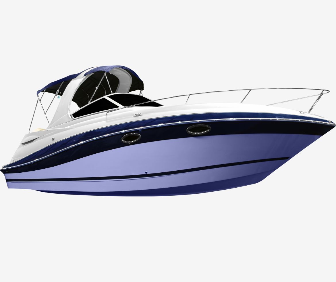 A white and blue recreational boat with a canopy, isolated on a transparent background, used in the context of boat or vessel registration.