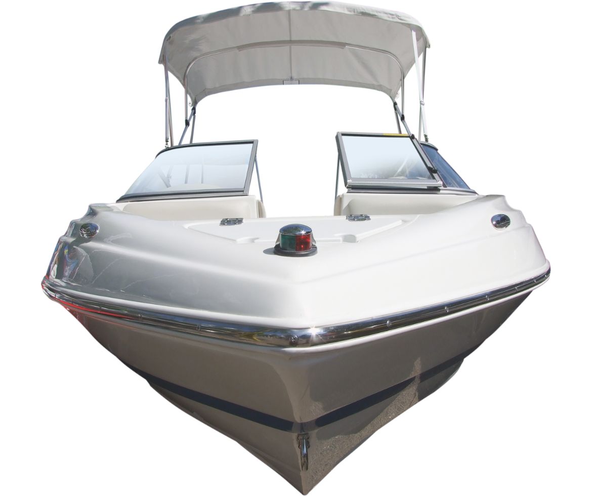 A white recreational boat with a canopy and dual windshields, featuring a red light at the front, isolated on a transparent background.