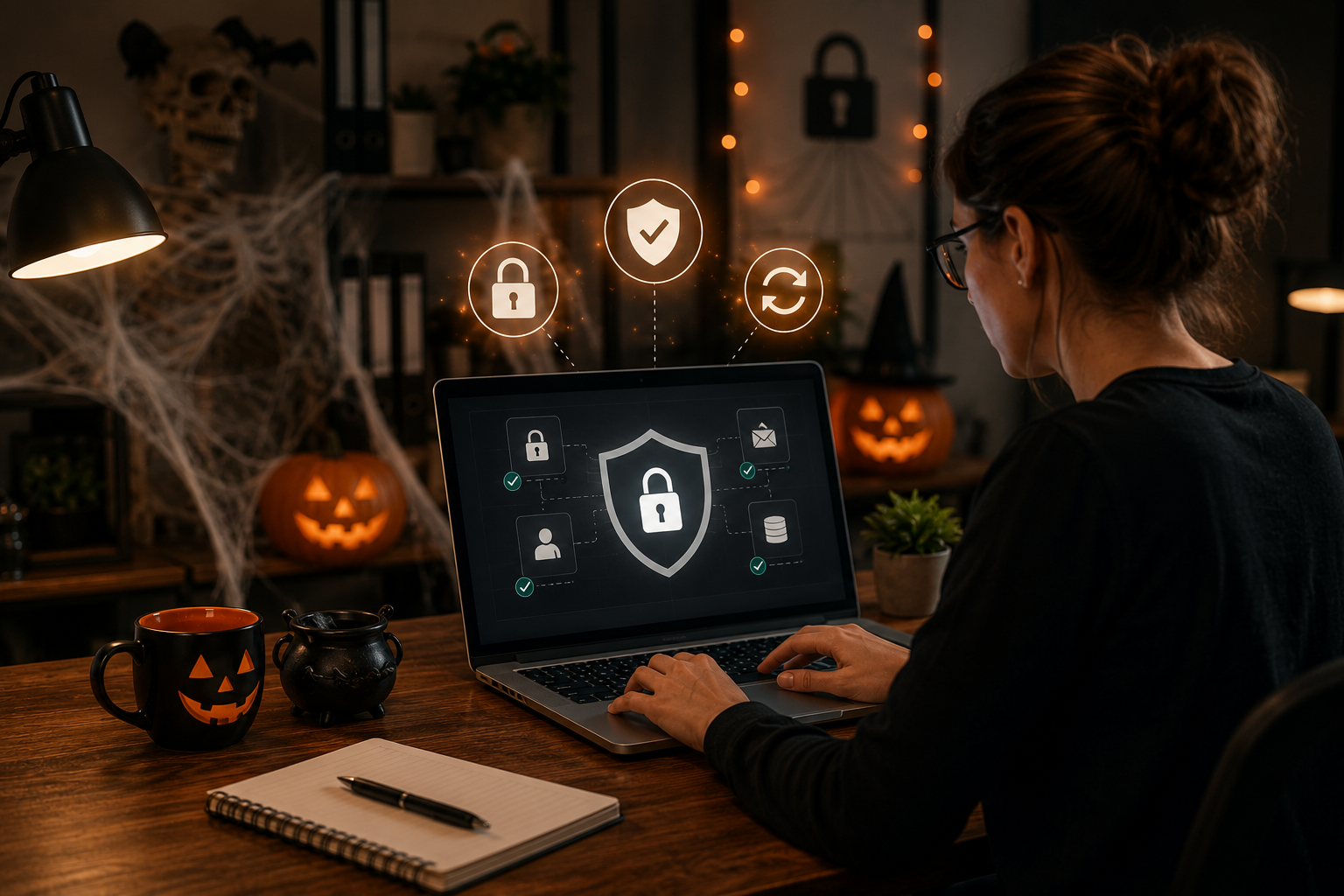 Business owner reviewing cybersecurity systems on a laptop to protect company data, customer information, and digital operations with Business Master Suite. Business owner reviewing cybersecurity systems on a laptop to protect company data, customer information, and digital operations with Business Master Suite.