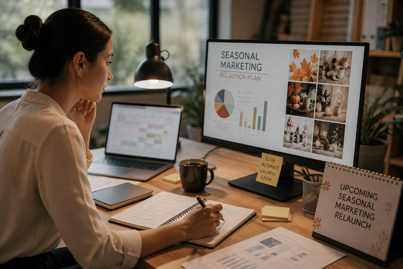 Business owner planning a seasonal marketing relaunch while using AI and automation to streamline repetitive tasks and improve business operations with Business Master Suite. Business owner planning a seasonal marketing relaunch while using AI and automation to streamline repetitive tasks and improve business operations with Business Master Suite.