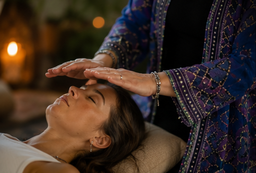 A woman receiving sound healing, eyes closed, at peace
