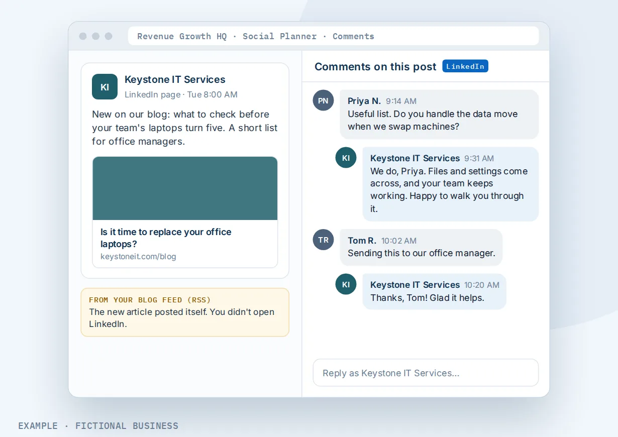 Example: an IT services firm's LinkedIn post from its blog feed, with comments and replies in the social planner