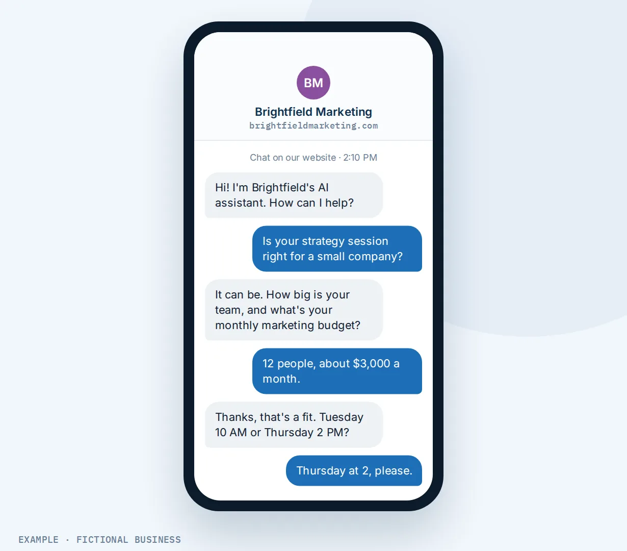 Example: a phone showing a website chat in which a marketing consultant's AI assistant asks a prospect about team size and budget, then offers two times for a strategy session