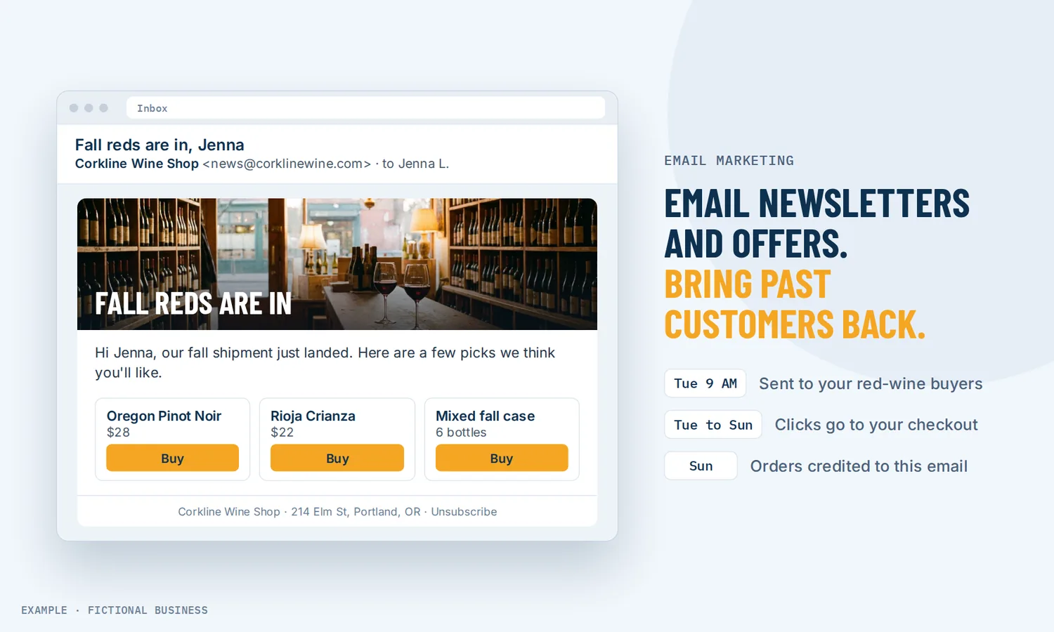Example: a wine shop's fall newsletter in a customer's inbox, with featured wines and buy buttons