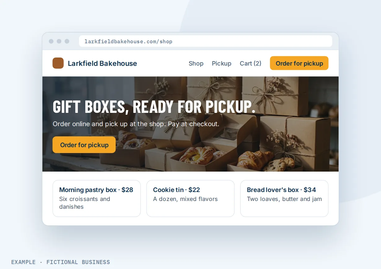 Example: a bakery website shop page with a photo of gift boxes, a cart, and three gift boxes with prices for local pickup