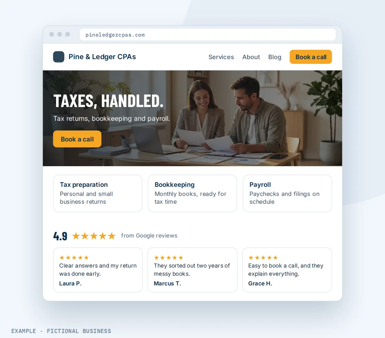 Example: an accounting practice's website with a photo, a book-a-call button, service cards and Google reviews
