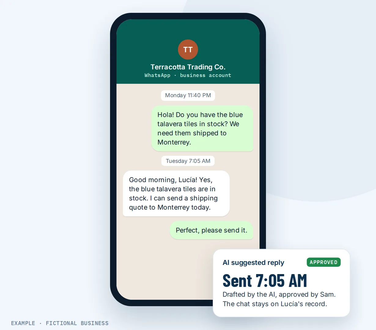 Example: a WhatsApp chat between an import shop and a buyer about tile stock and shipping, with a card showing the AI's reply approved