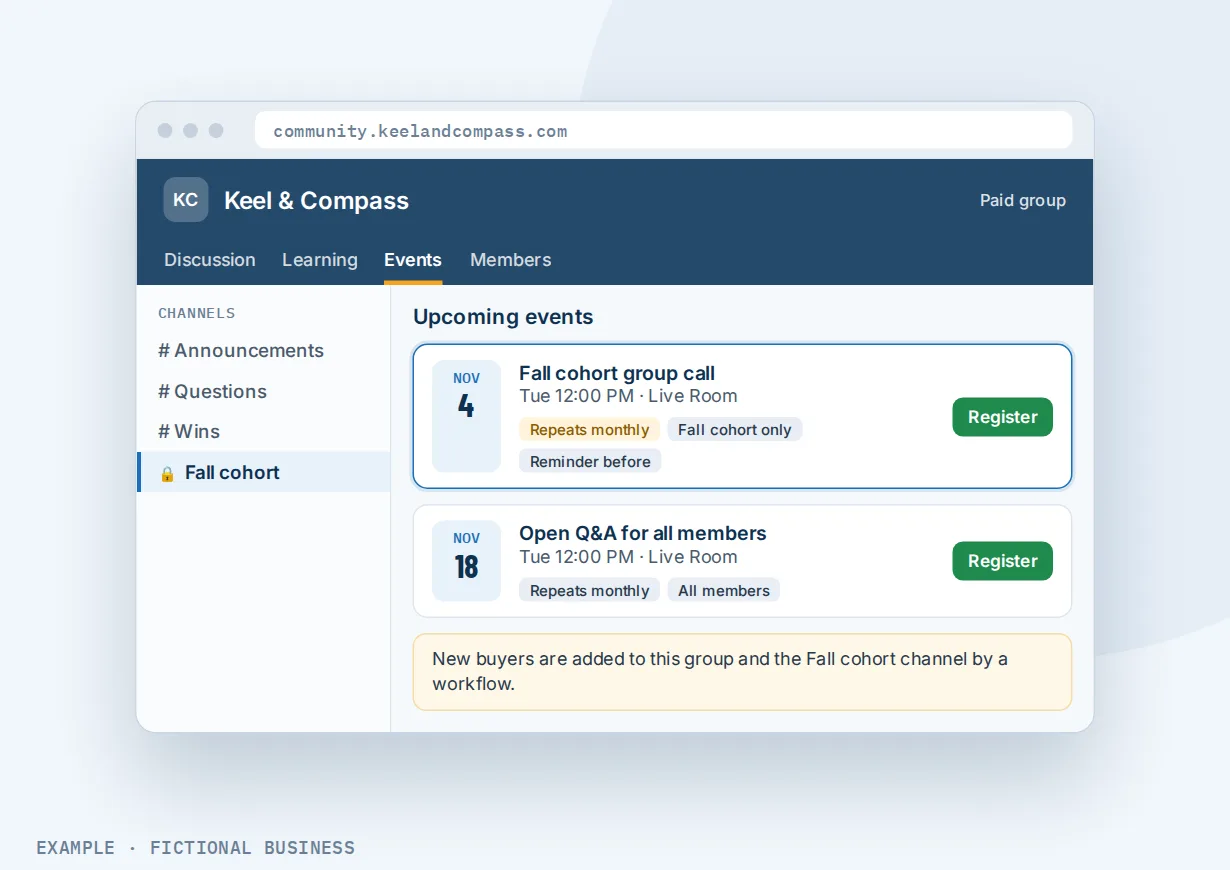 Example: a coaching community's Events tab showing a repeating cohort group call and an open Q&A