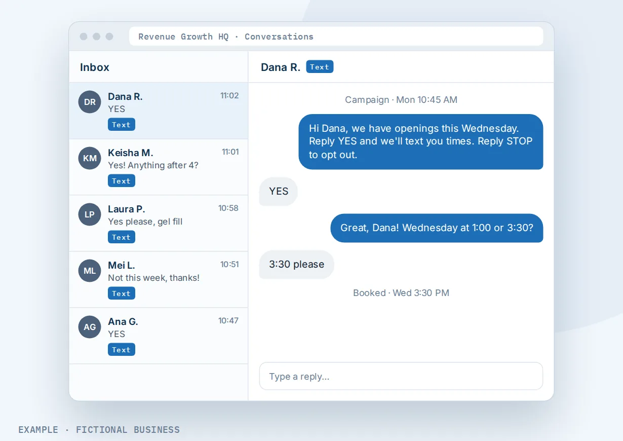 Example: a nail studio's inbox of text replies to its openings campaign, with one conversation booked for Wednesday