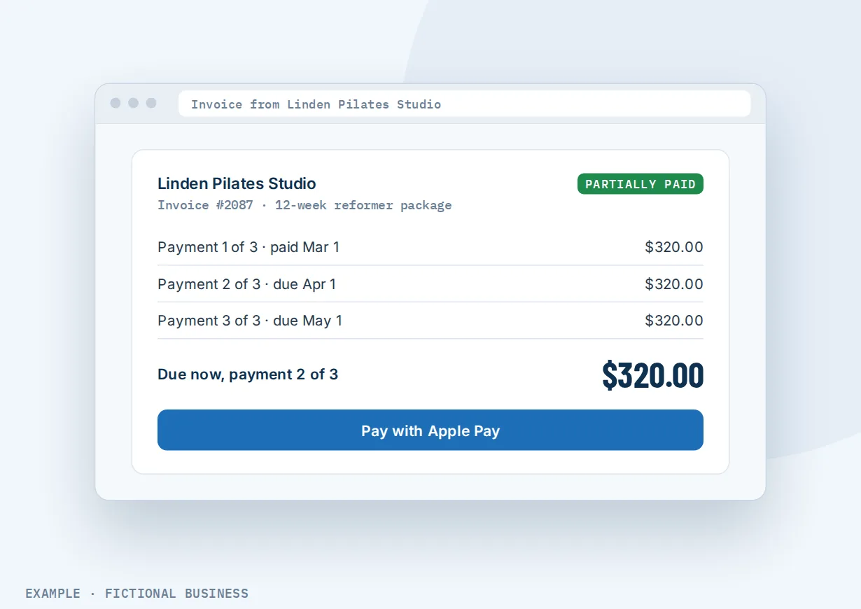 Example: a pilates studio invoice for a 12-week package in three monthly payments, the first paid, the second due now with a Pay with Apple Pay button