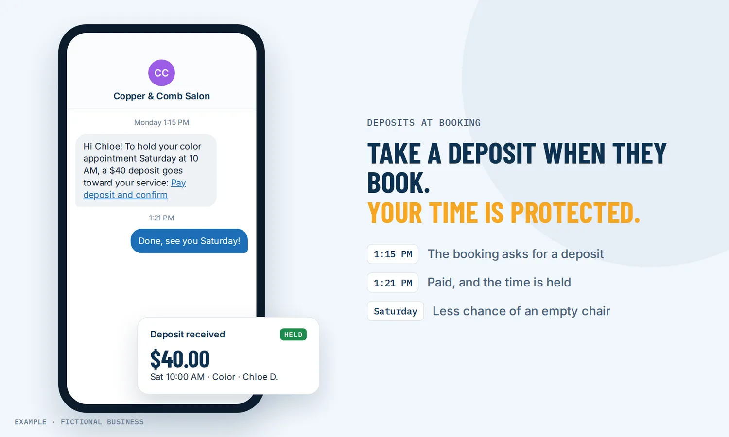 Example: a salon client pays a deposit by text link when booking, and the appointment is held