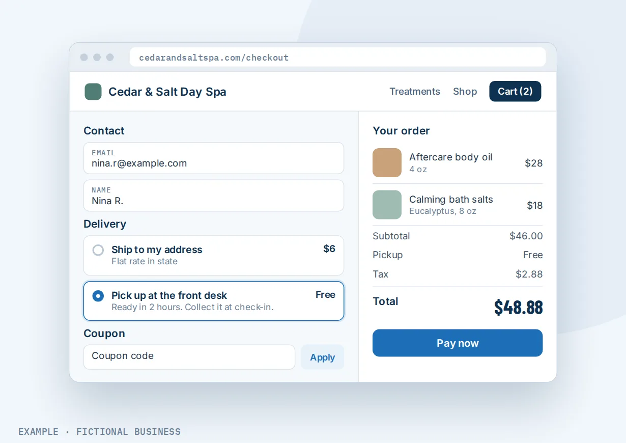 Example: a day spa's checkout with front-desk pickup chosen, an email and name entered, and a coupon box