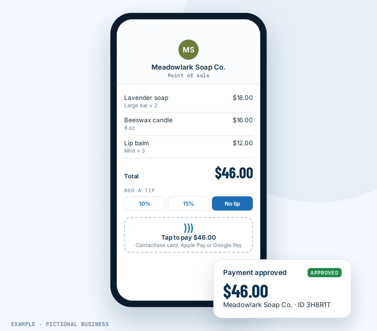 Example: a soap maker's point-of-sale screen on a phone with soap, candle and lip balm picked, ready for a card or phone tap