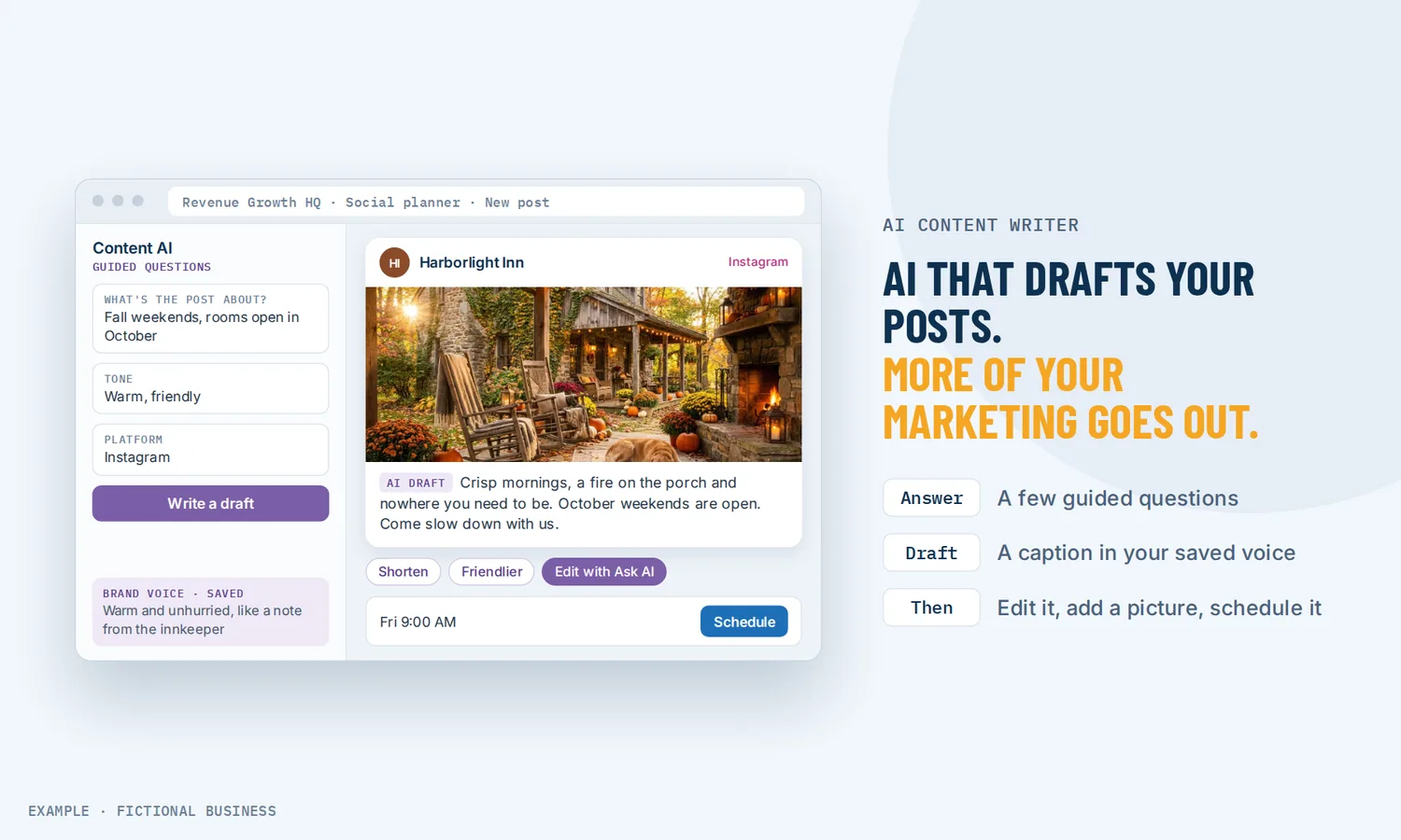 Example: an inn's Instagram post drafted by AI from a few guided answers, ready to edit and schedule