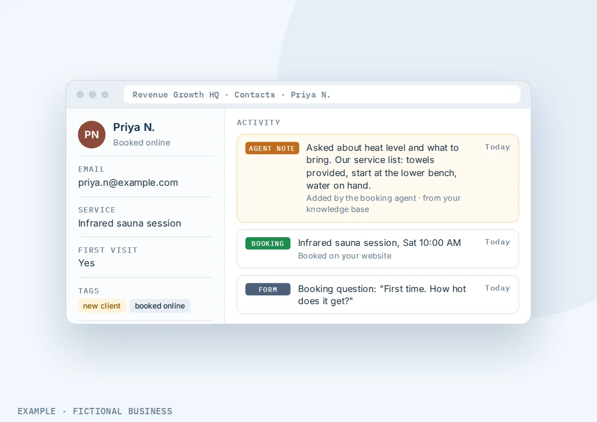 Example: a sauna studio client's record with her booking, her question, and a note the booking agent added from the knowledge base