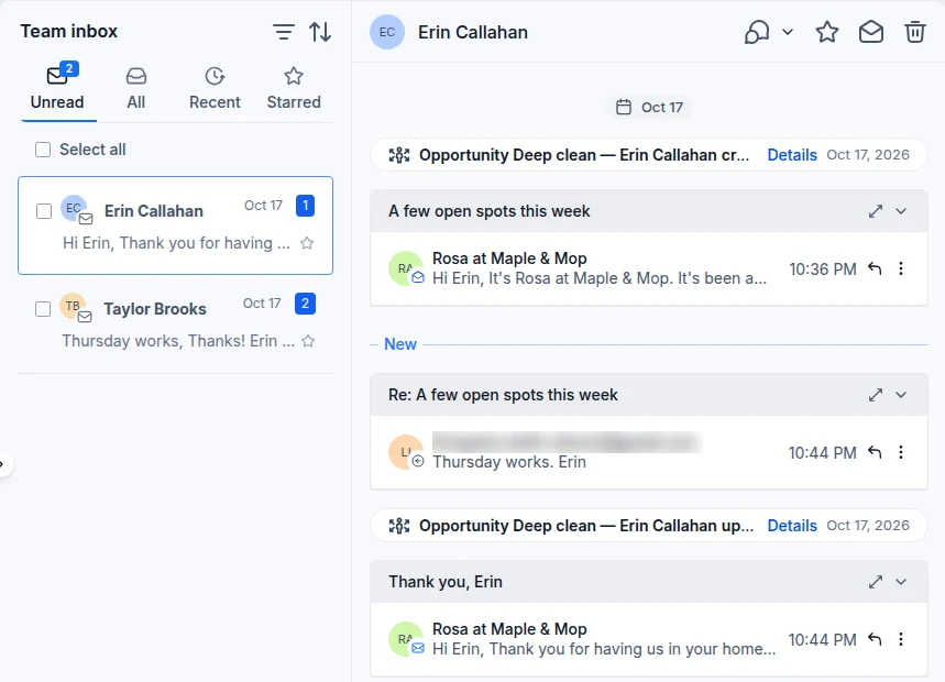 The team inbox in the Revenue Growth HQ demo account, with one customer's emails and job updates in a single timeline