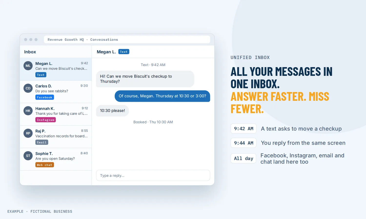 Example: a vet clinic's inbox with texts, Facebook, Instagram, email and web chat messages in one list