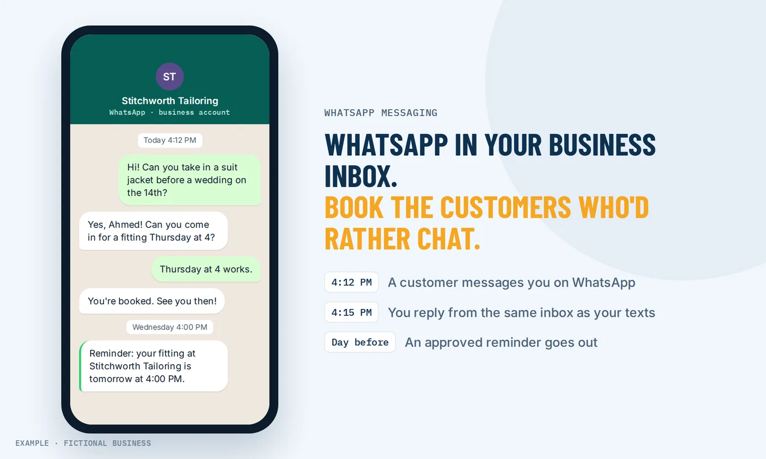 Example: a tailor's WhatsApp chat where a customer books a fitting and gets a reminder the day before