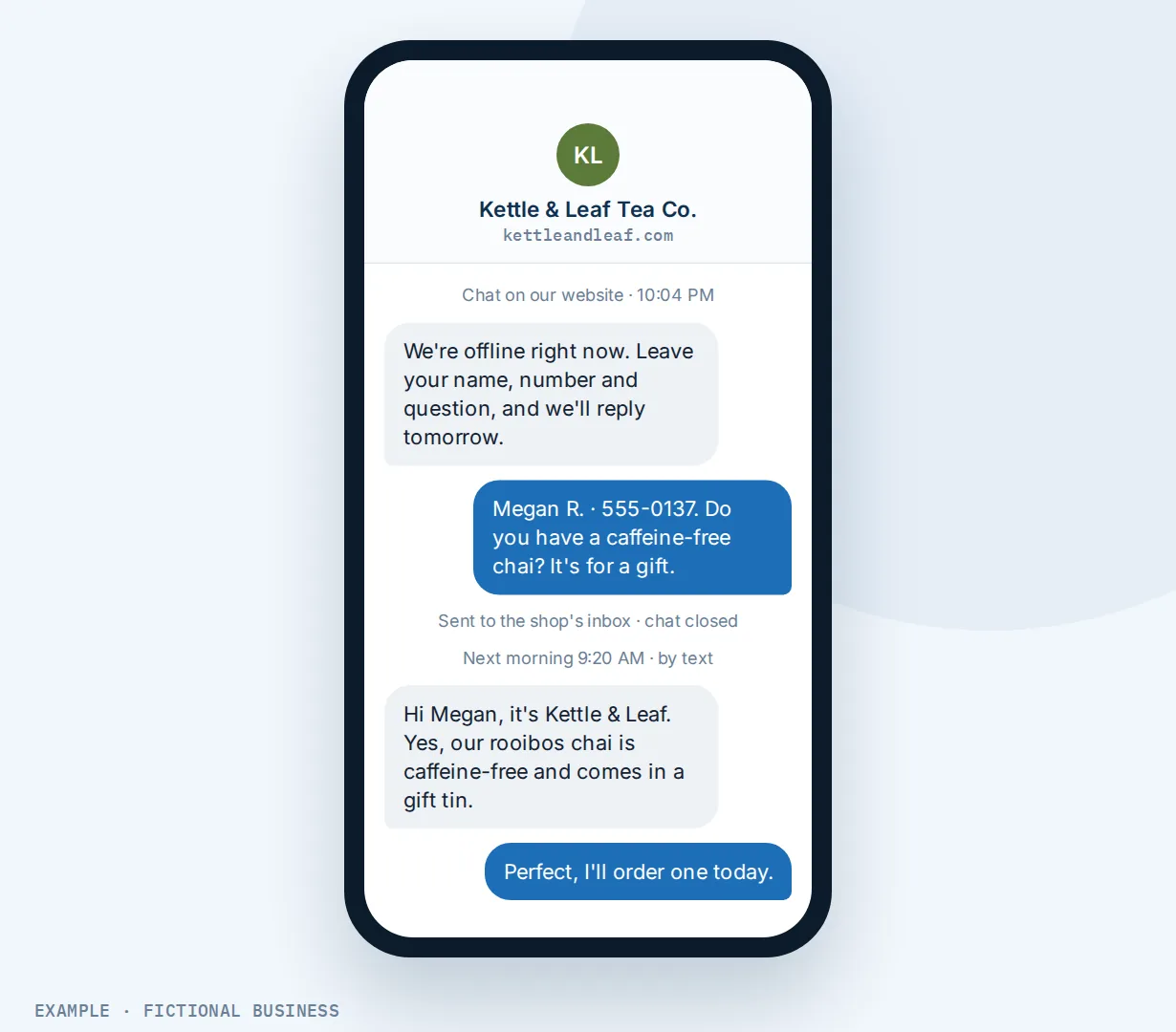 Example: a phone showing a 10 PM chat on a tea shop's website: an offline message, the visitor's name, number and question, then the shop's text reply the next morning